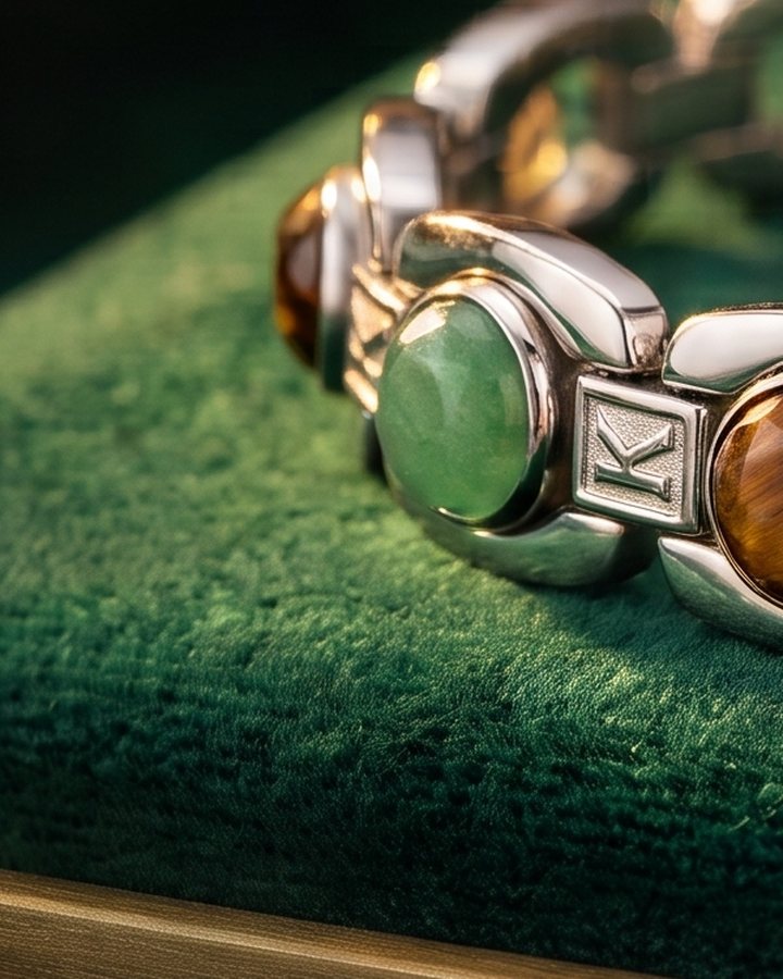 Macro of the green aventurine cabochon set in steel on emerald velvet