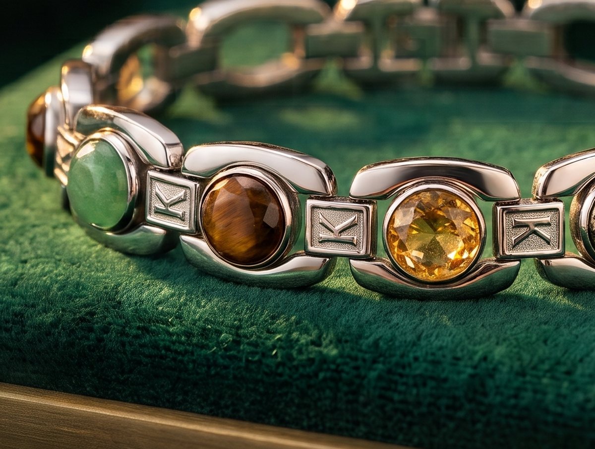Close detail of the Kubeera Crystal Band — green aventurine, tiger eye and citrine set in polished steel on emerald velvet