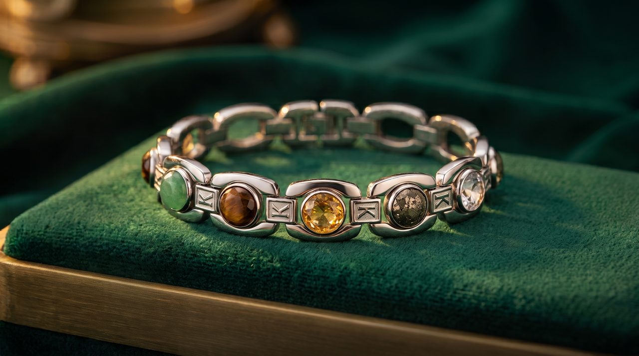 The Kubeera Crystal Band resting on emerald-green velvet in a gold-edged case, showing all five natural crystals set in polished stainless steel