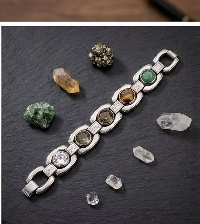 The Kubeera Crystal Band laid out with raw natural crystals