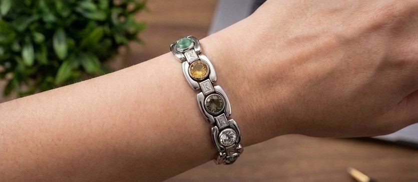 The Kubeera Crystal Band worn on the wrist