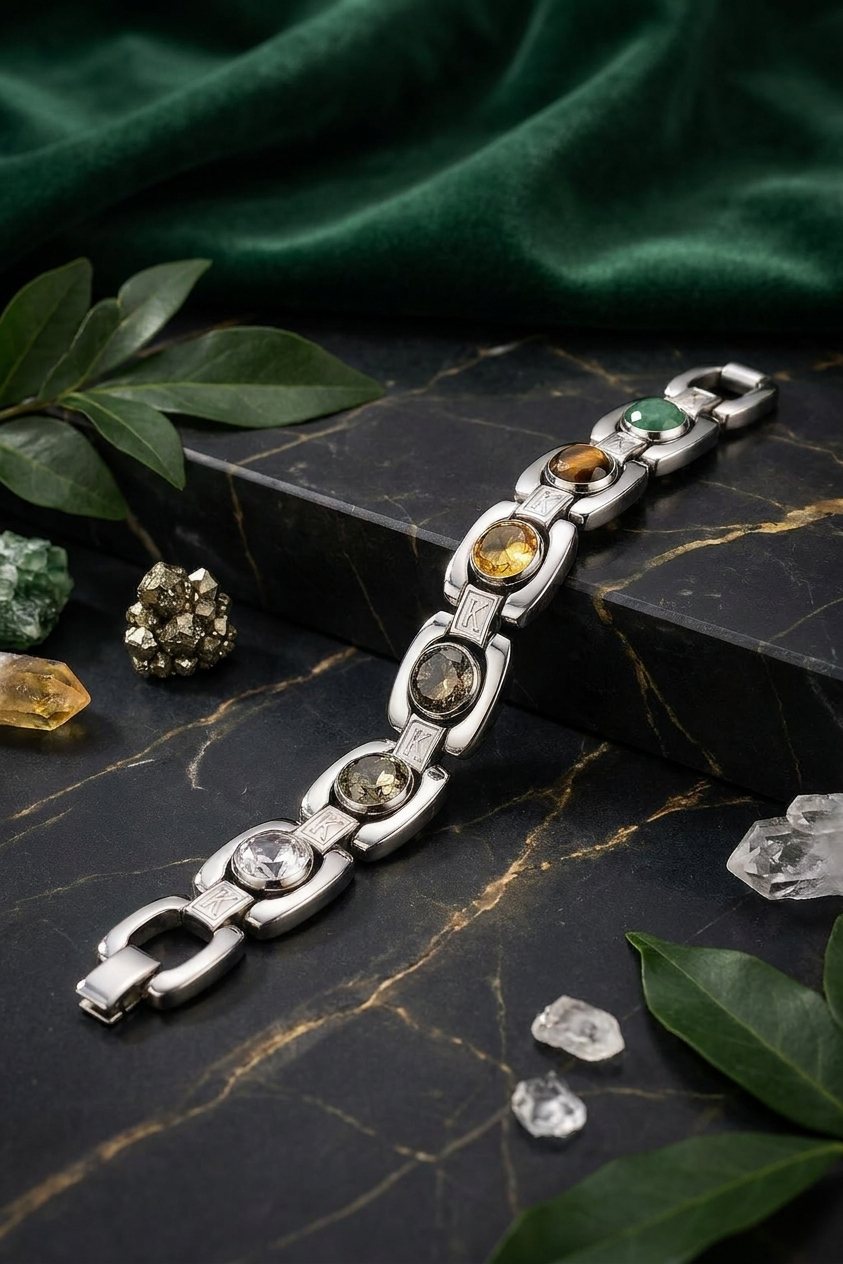 The Kubeera Crystal Band on black marble with green velvet, leaves and raw natural crystals
